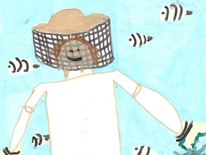 A hand-drawn student artwork depicting an astronaut in a white spacesuit standing in space with planet Earth in the background.
