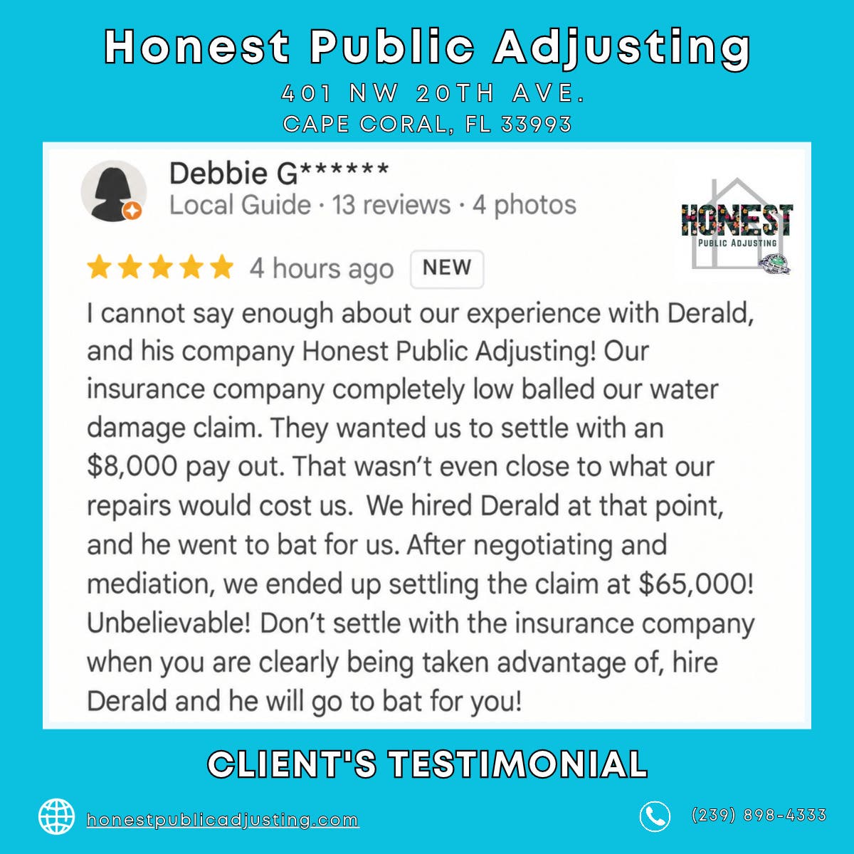 Client's Testimonial - Honest Public Adjusting