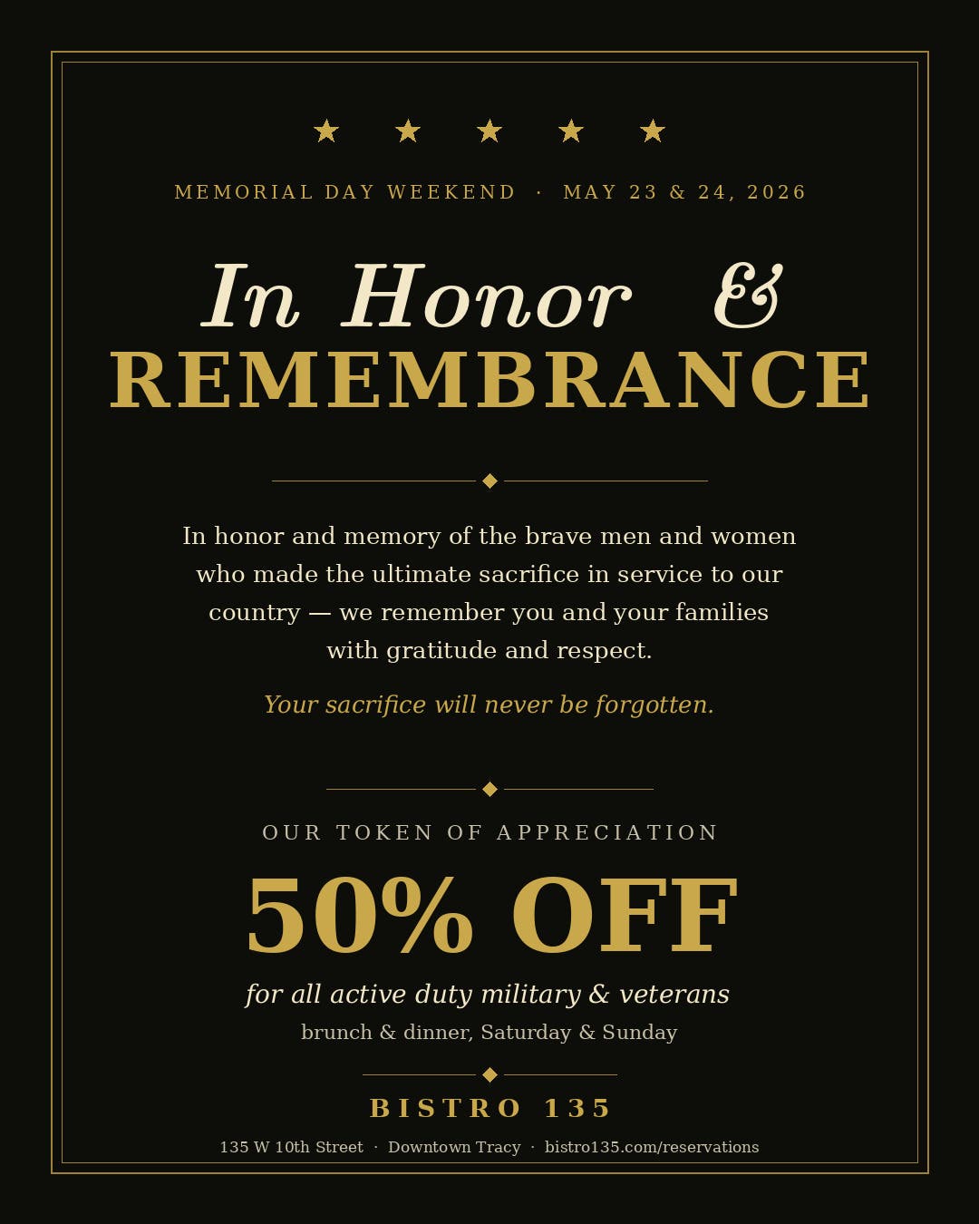 50% Off for Veterans and Those Serving our Country for Memorial Day Weekend 