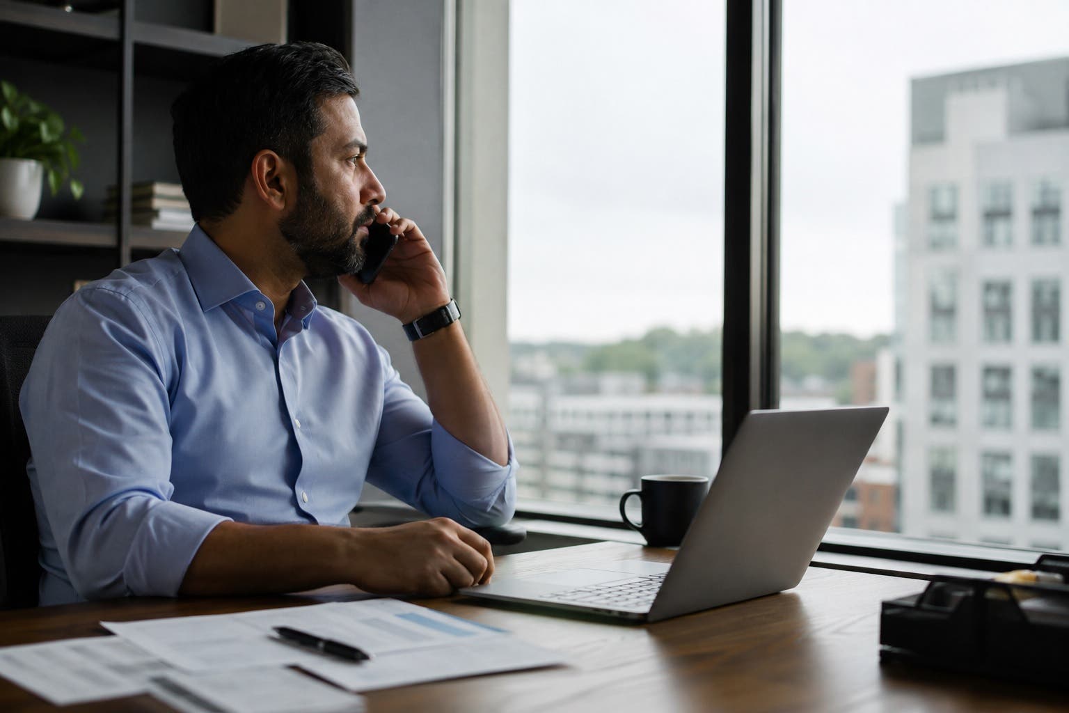 Person in office attire holding a phone, looking out a window, considering confidential addiction care.