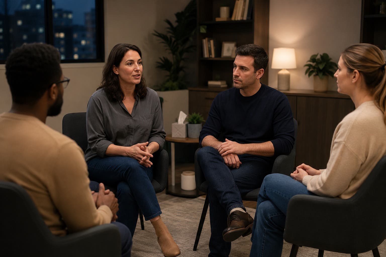 Group of professionals sitting in a circle during an evening IOP session.
