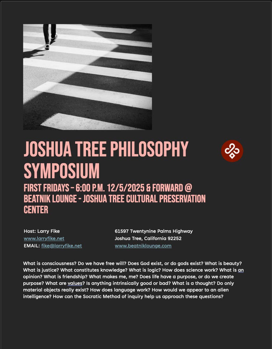 Joshua Tree Philosophy Symposium Friday Sept. 4th at 6:00 P.M. at Beatnik Lounge