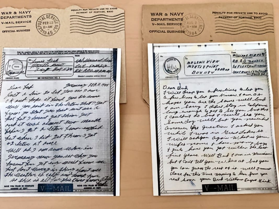 These two pieces of V-Mail were mailed home to a Myrtle Point family in 1944 and 1945.
