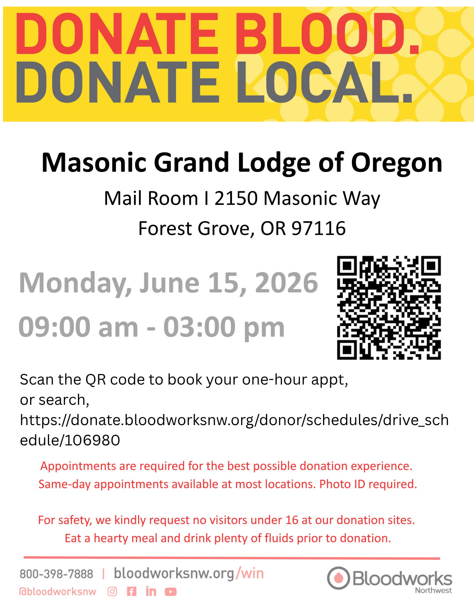 Local non-profit blood drive at Masonic Grand Lodge of Oregon