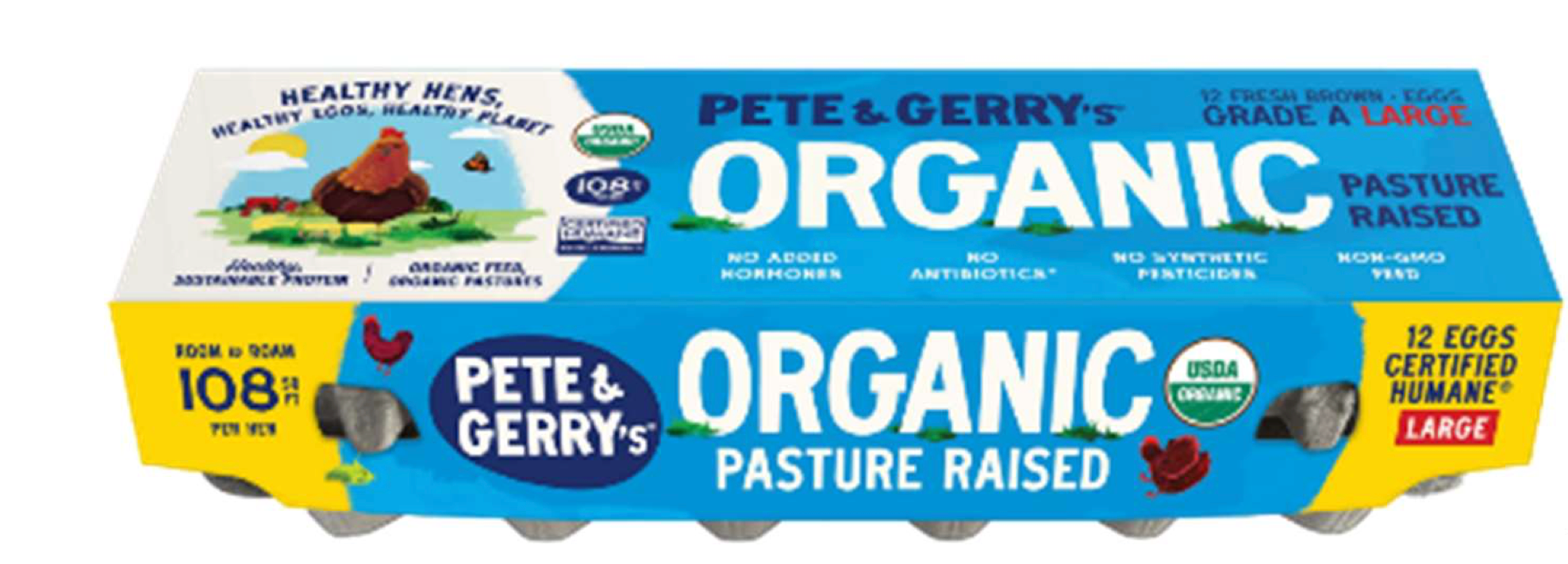 A carton of Pete & Gerry’s pasture-raised eggs sits on a surface, with the brand name and “pasture raised” labeling visible on the box.