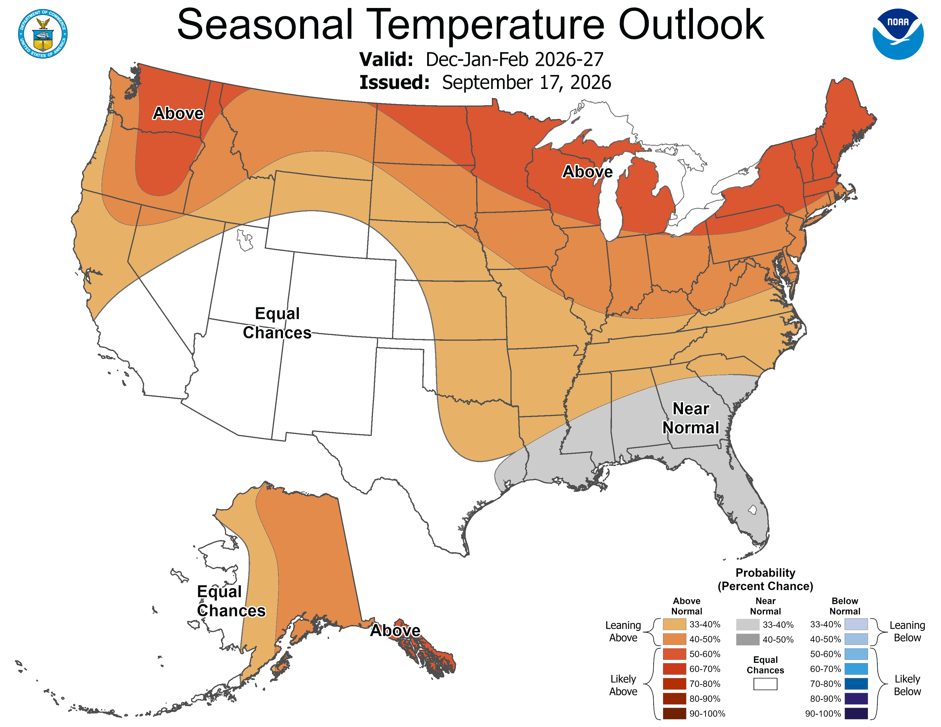 NOAA seasonal temperature outlook map showing the probability of above-, near- or below-normal temperatures across the United States for December through February 2026-27.