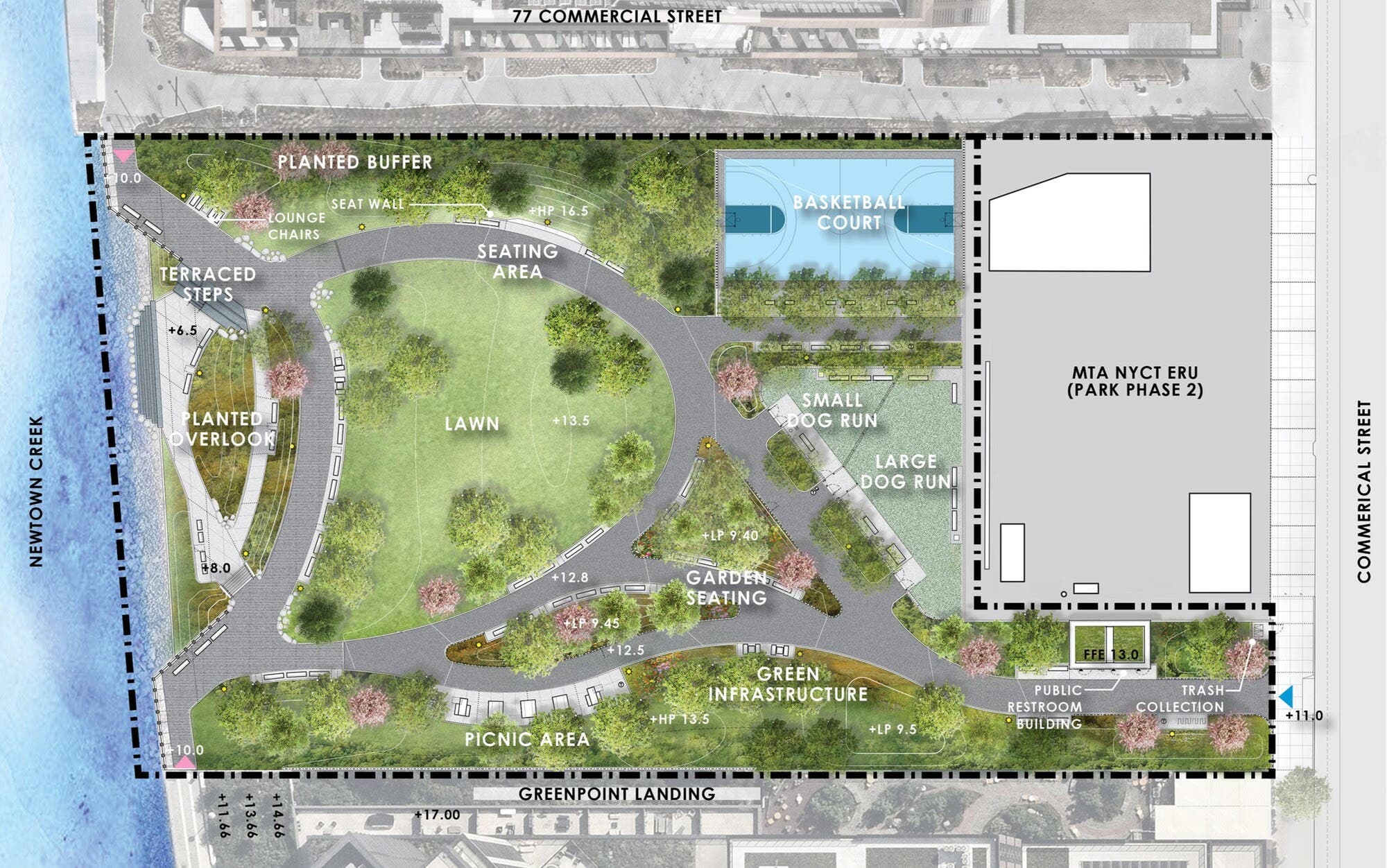 Map showing the future Box Street Park along Newtown Creek in Greenpoint, Brooklyn, with planned features including a waterfront esplanade, gardens, green lawn, basketball court, picnic area, dog runs, accessible pathways and a public restroom.