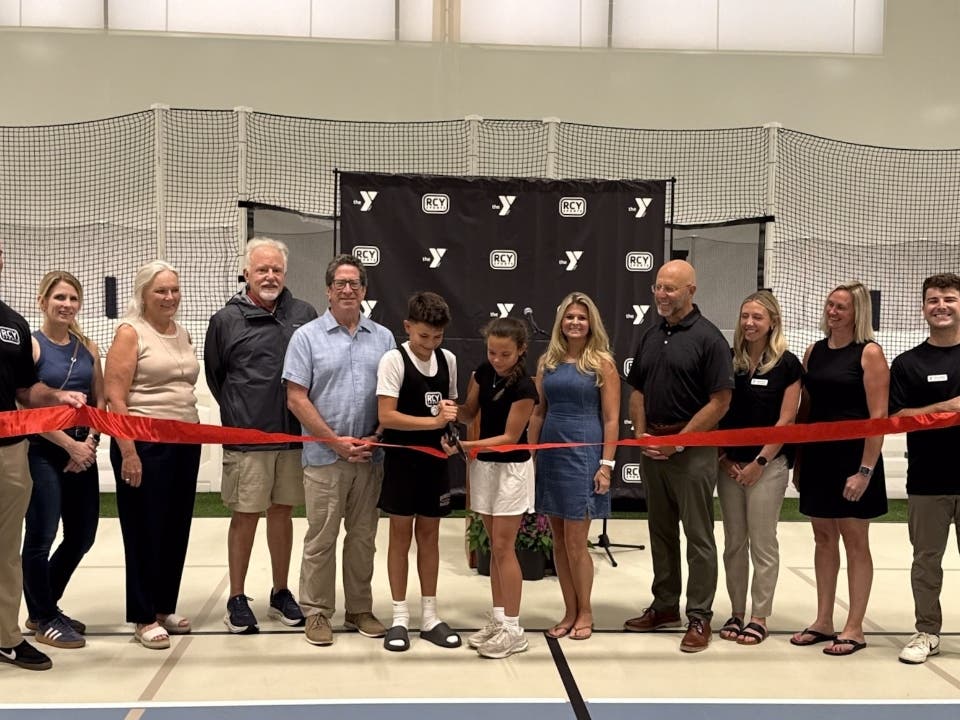 River Crossing YMCA cuts ribbon on new RCY Sports Center in Doylestown on Aug.5. (L-R) VP of Ops. Andrew Yannarella, assoc. board members Morgan Cooper & Betsy Seeber, Assoc. Chief Volunteer Officer Andy Cedarbaum, members Braxton, Alexis & Laura Mosley, 
