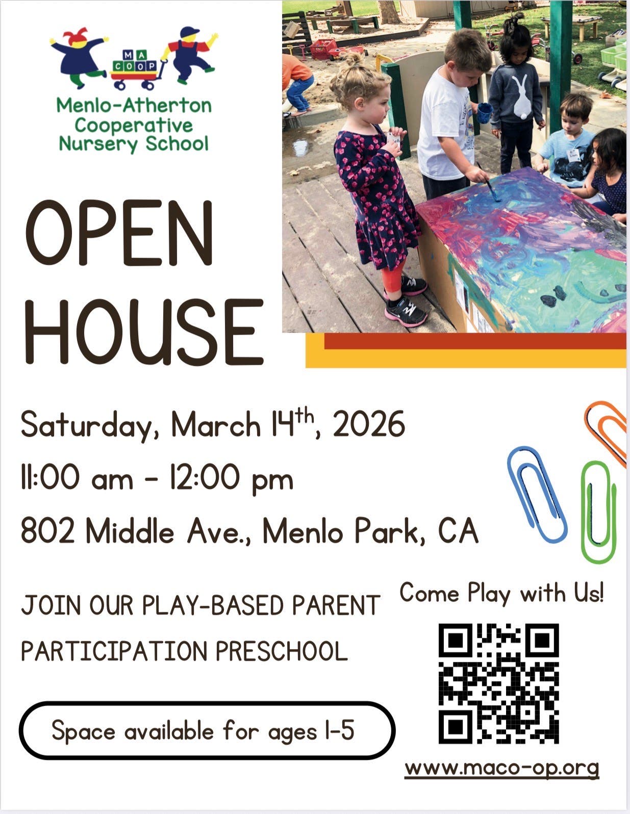 Sat March 14th | OPEN HOUSE | Menlo - Atherton Coop Nursery School | Space available for ages 1-5
