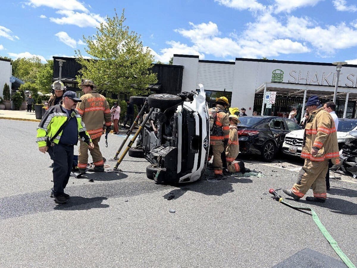 Three people were hospitalized over the weekend after a driver crashed into seven cars before flipping their vehicle on its side.
