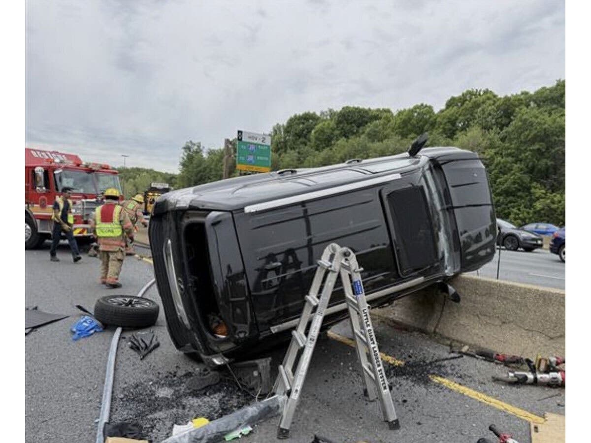 A Lexus sedan was overturned on Interstate 270 over the weekend after the driver lost control of the vehicle and hit a jersey barrier.