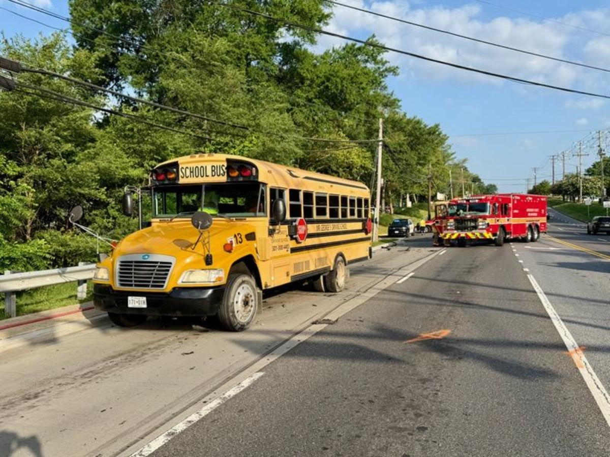 A multi-vehicle crash involving a school bus left five people hospitalized, including one adult who was transported as a trauma patient.