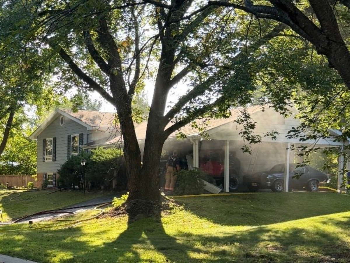 A Jeep caught fire while under a carport in Gaithersburg over the weekend.