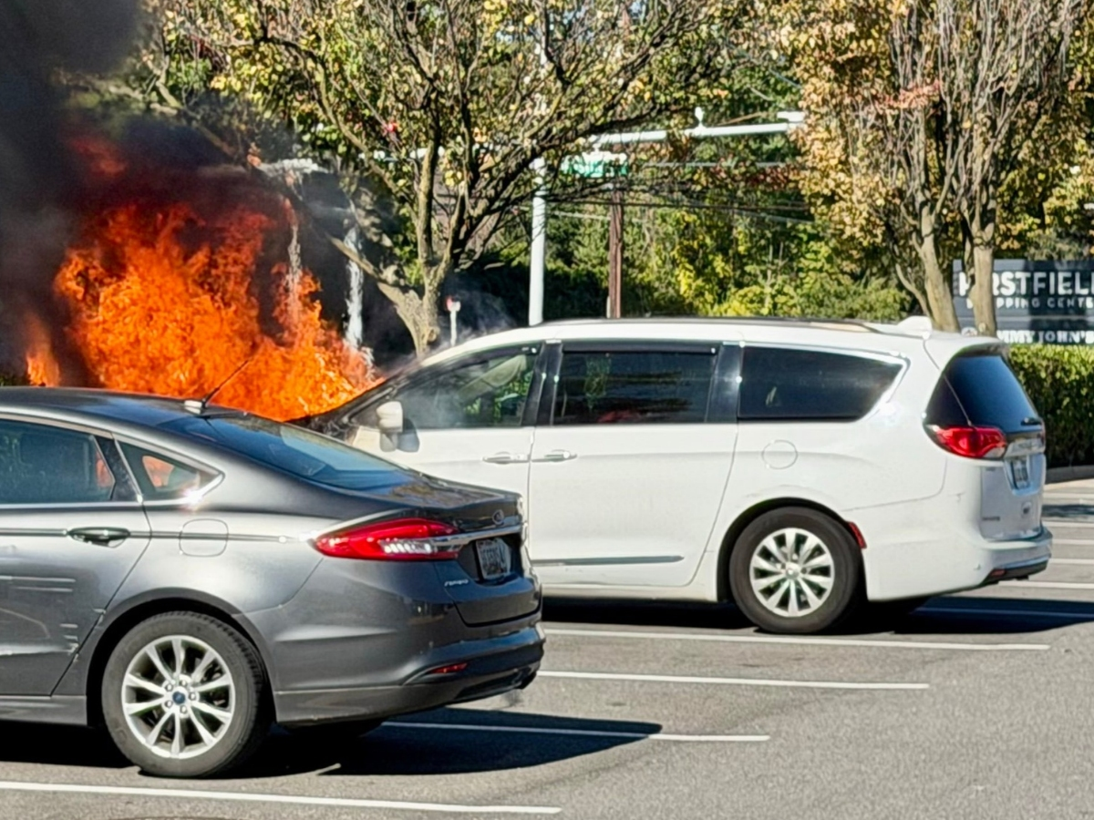 A minivan caught fire over the weekend while parked at the Firstfield Shopping Center in Gaithersburg.