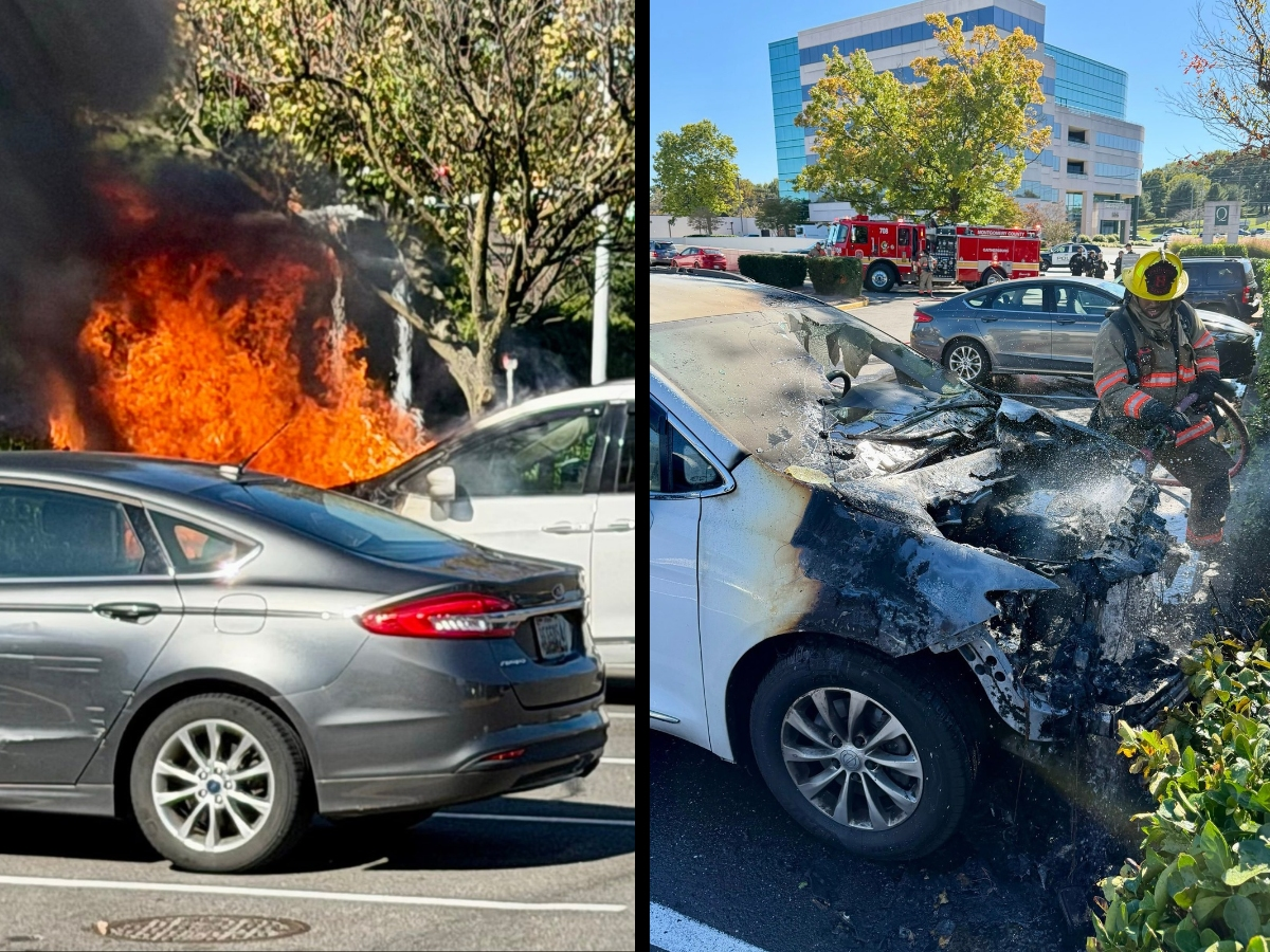 A minivan caught fire over the weekend while parked at a busy shopping center in Montgomery County.