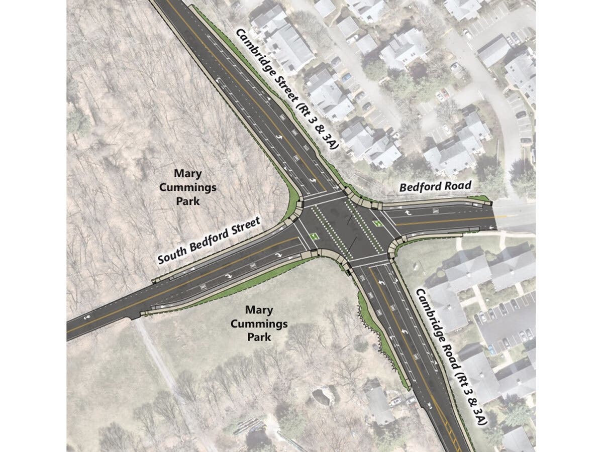 A map shows the proposed design for the intersection of Route 3 and Bedford Road, as it's named in Woburn. In Burlington the road is known as South Bedford Street.