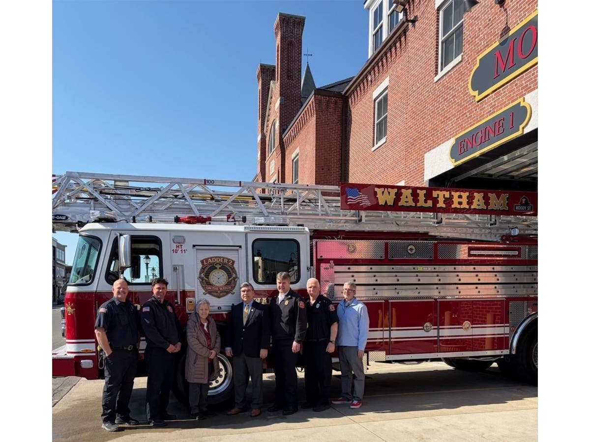 Waltham firefighters and city officials posed for this photo next to Ladder 2 when it was delivered to the city in April. Now the apparatus is in service.
