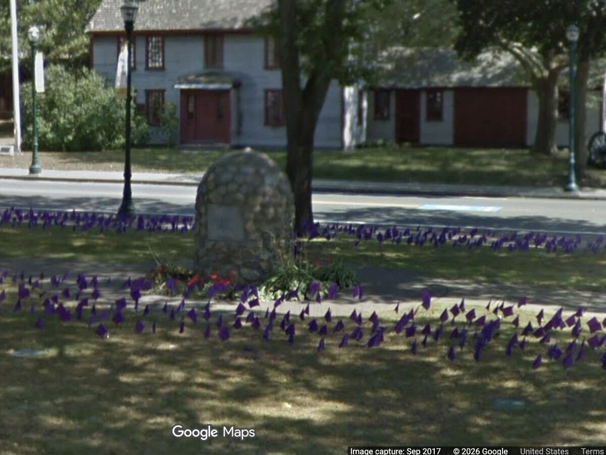 The Braintree Time Capsule Cairn, in front of the town hall, is shown in a 2017 photo.
