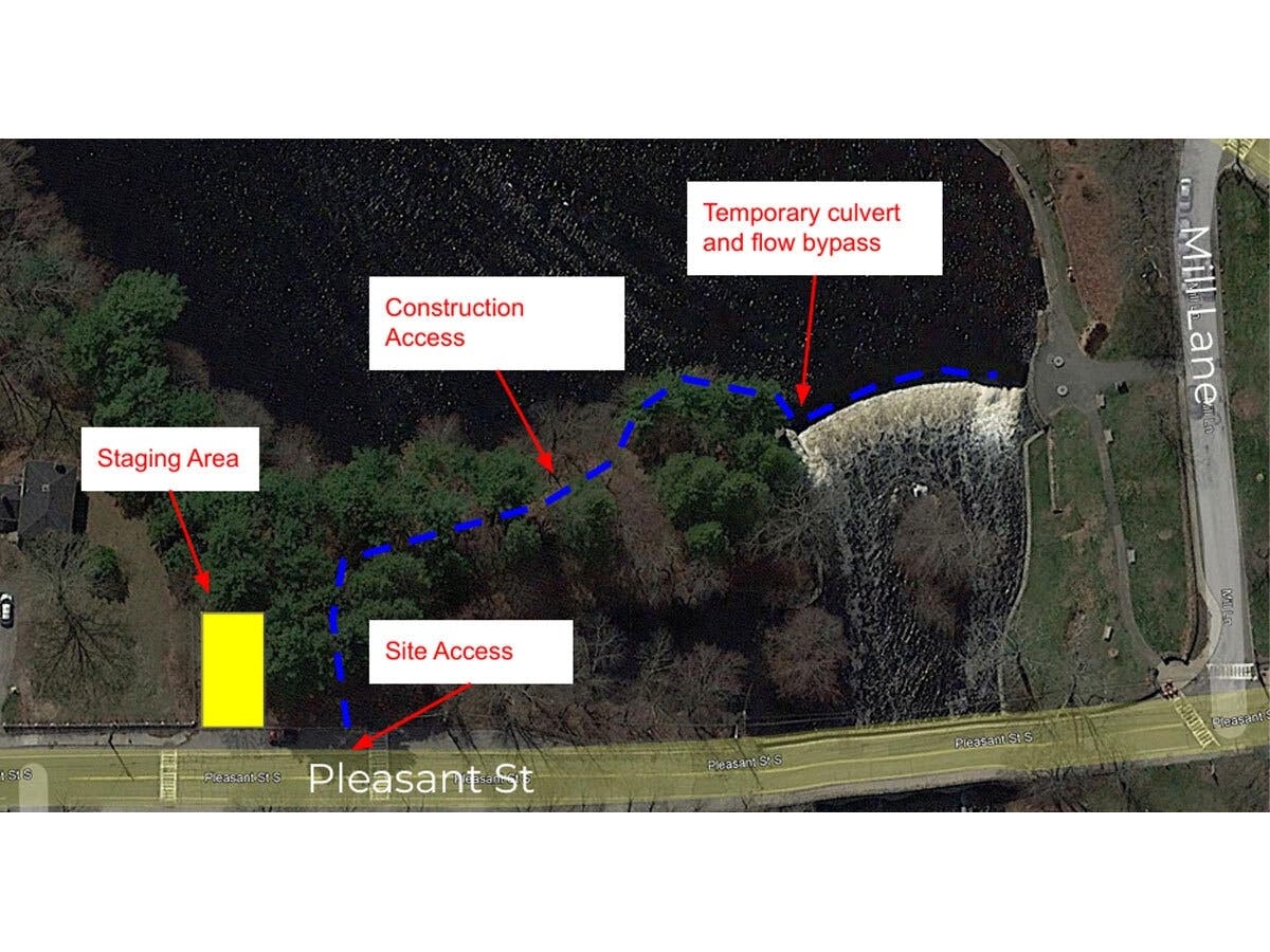 A slide from a town presentation shows the location of the dam removal work planned along the Charles River.