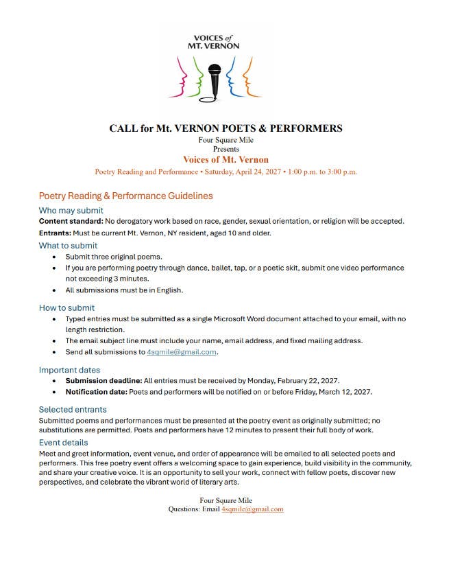 CALL for MT. VERNON POETS and PERFORMERS