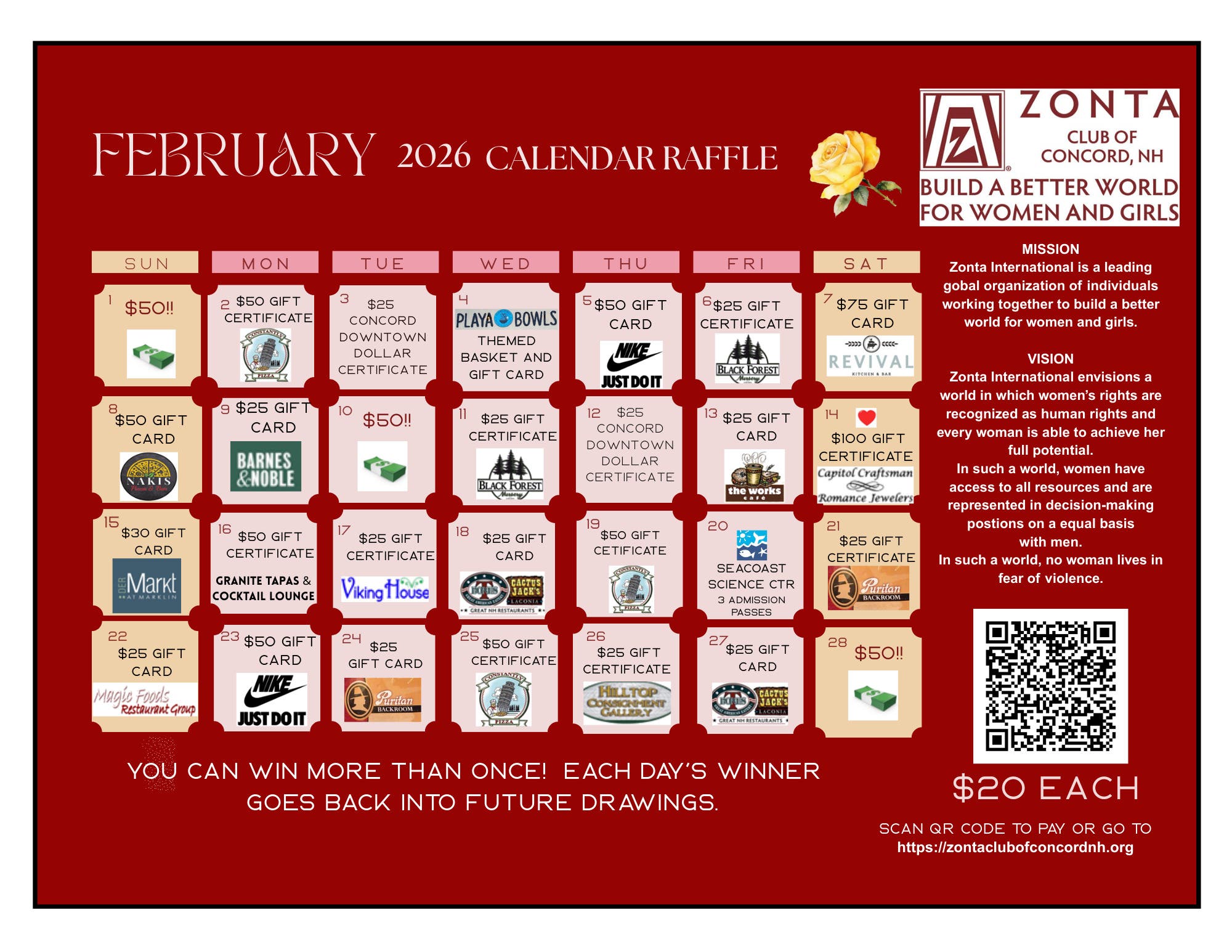 Zonta 2026 February Calendar Raffle