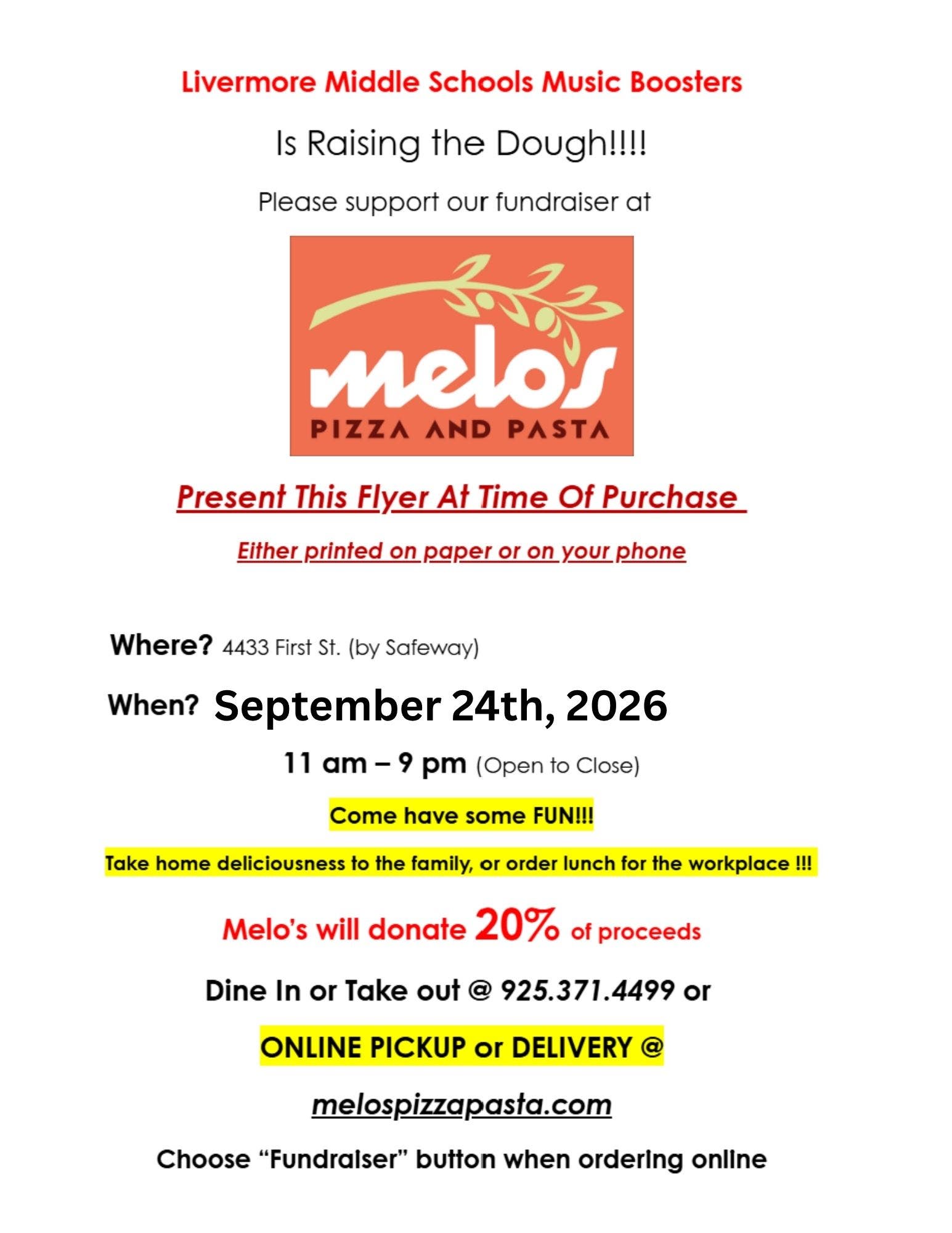 Livermore Middle Schools Music Boosters Dine Out