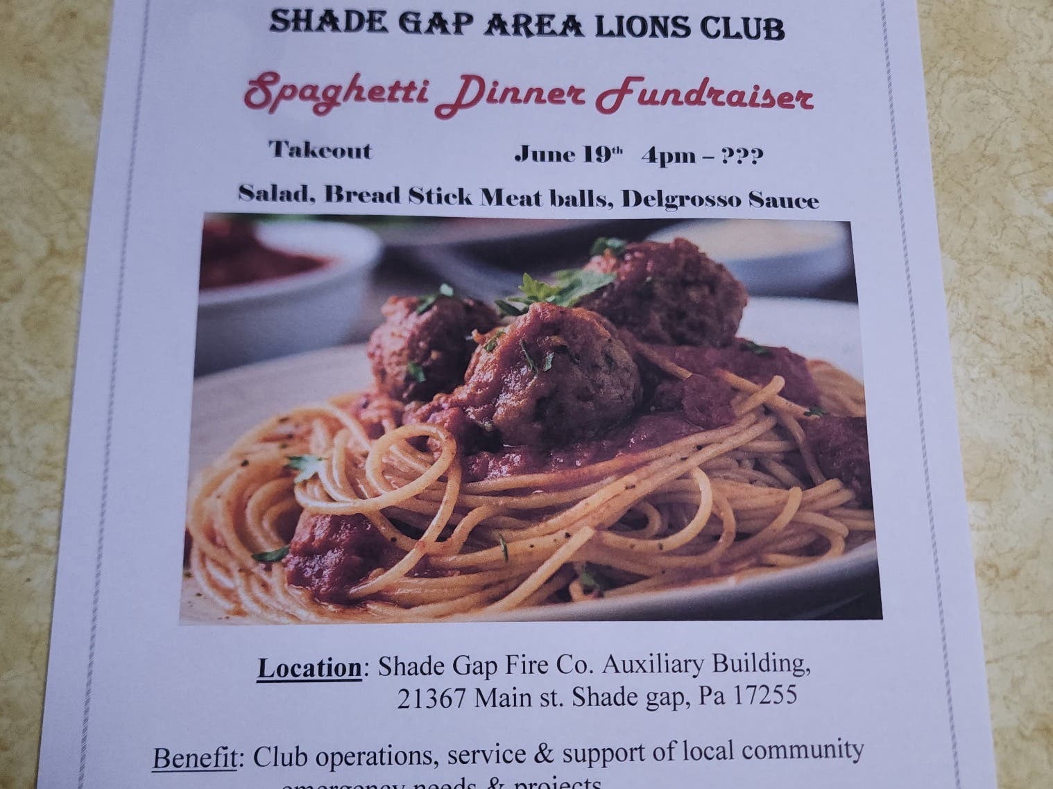 Shade Gap Lions club, Fund raiser take out Spaghetti dinner