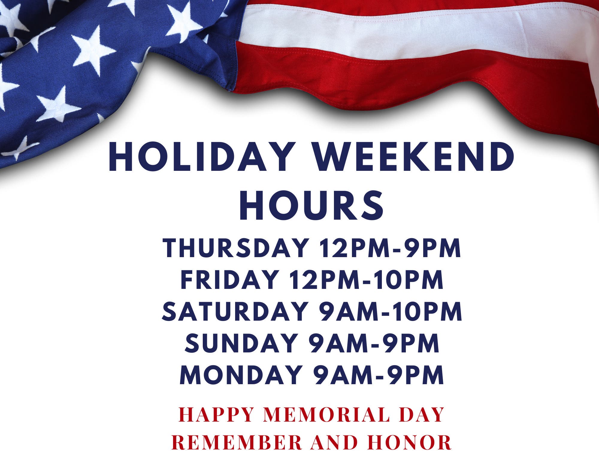 Donohue's East Memorial Day Holiday Weekend Schedule