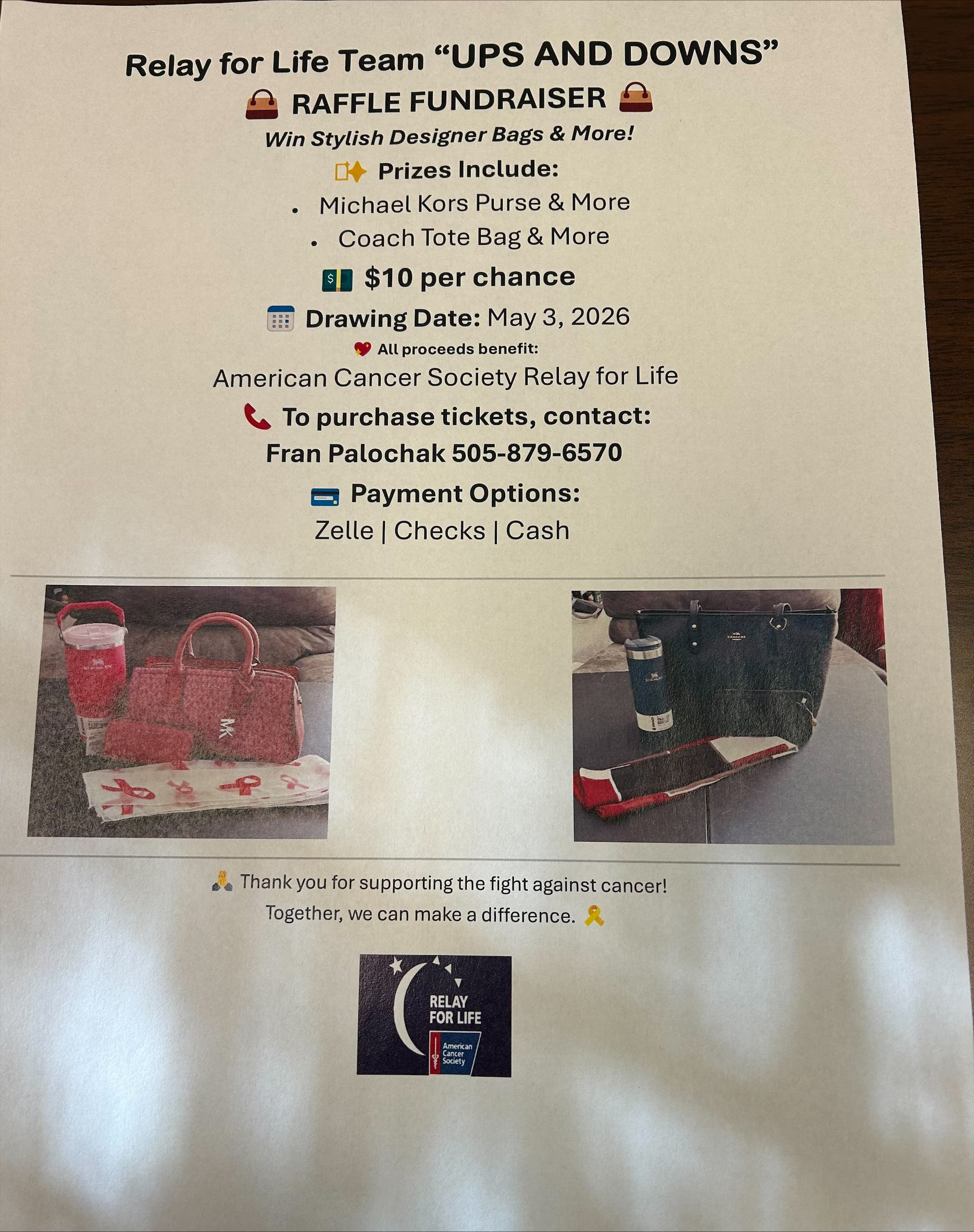 Relay For Life Team "Ups And Downs" Raffle Fundraiser