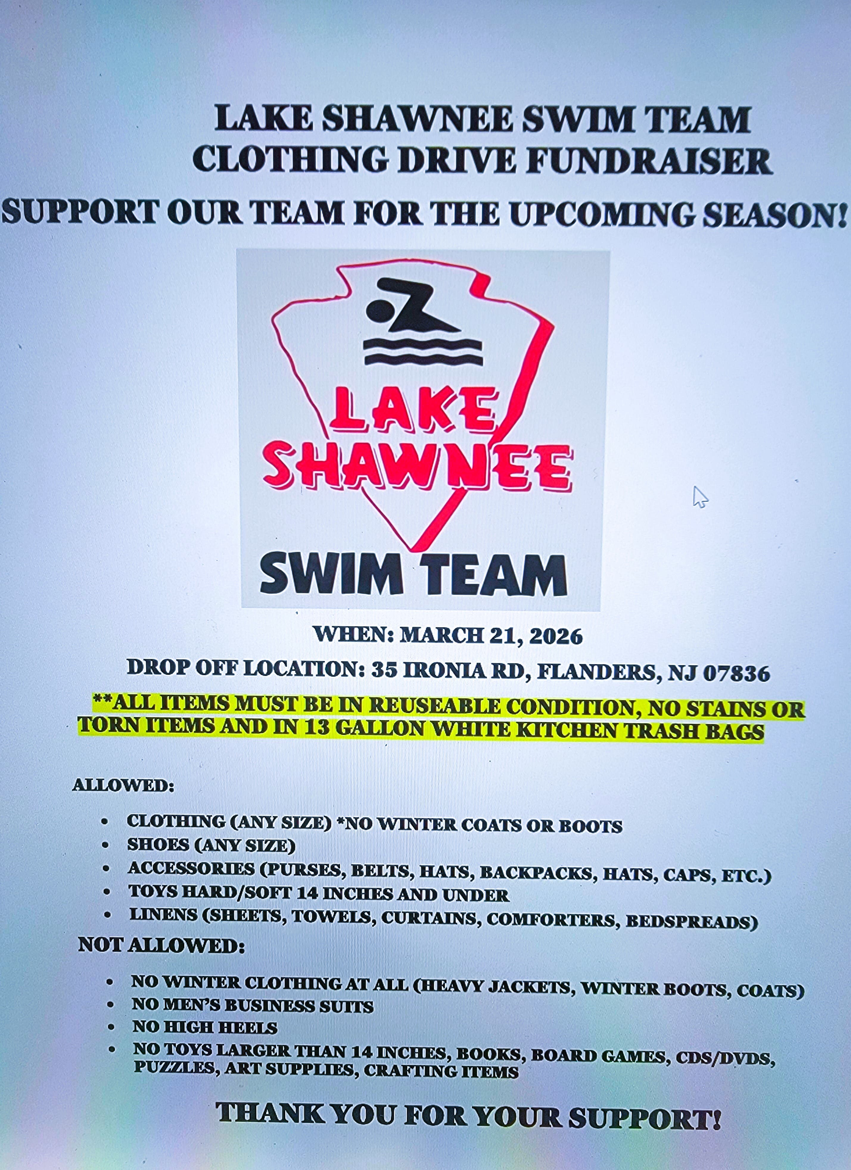 Lake Shawnee Swim Team Clothing Drive Fundraiser