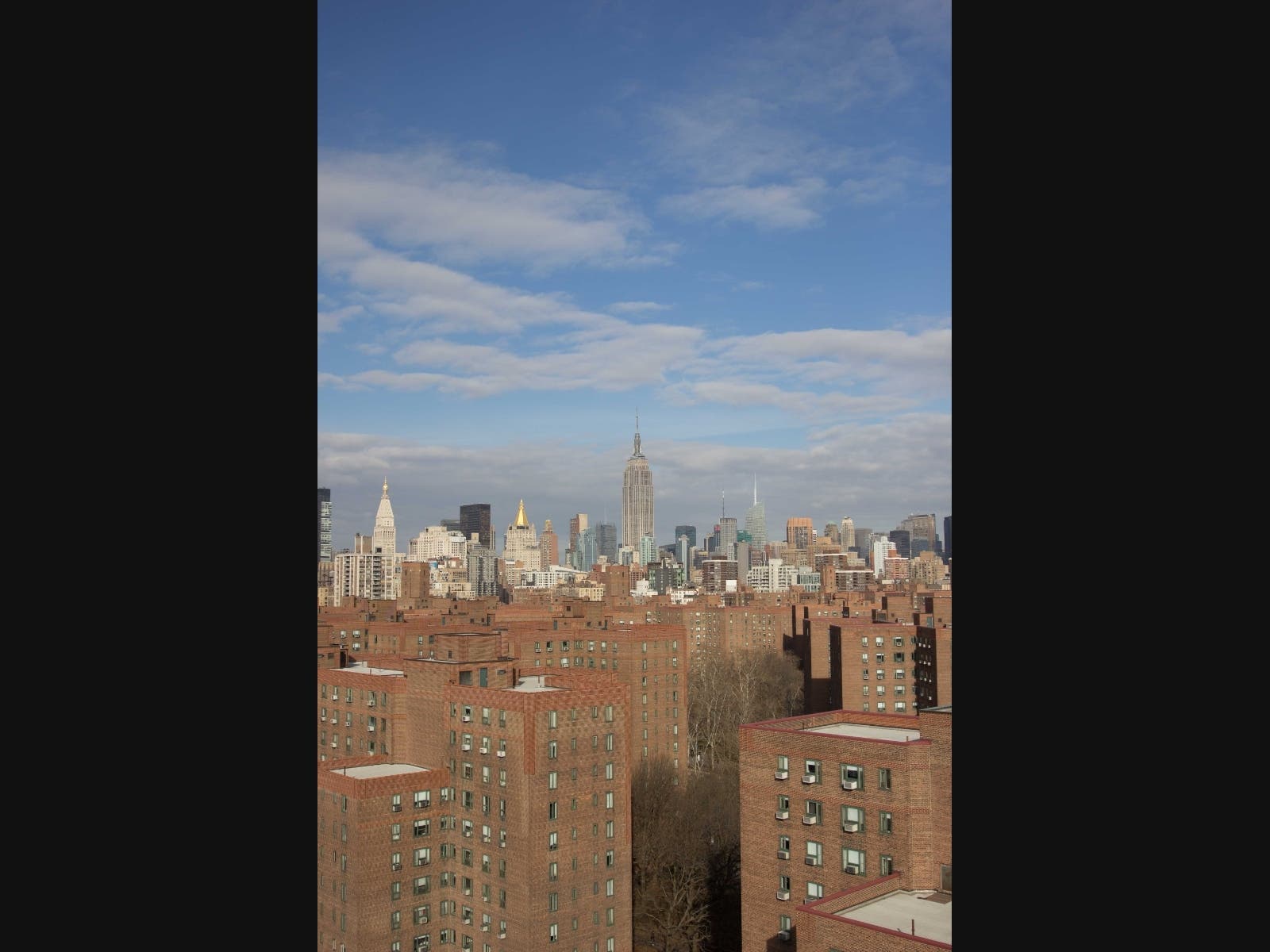 Housing in the foreground of this image of the New York City skyline.