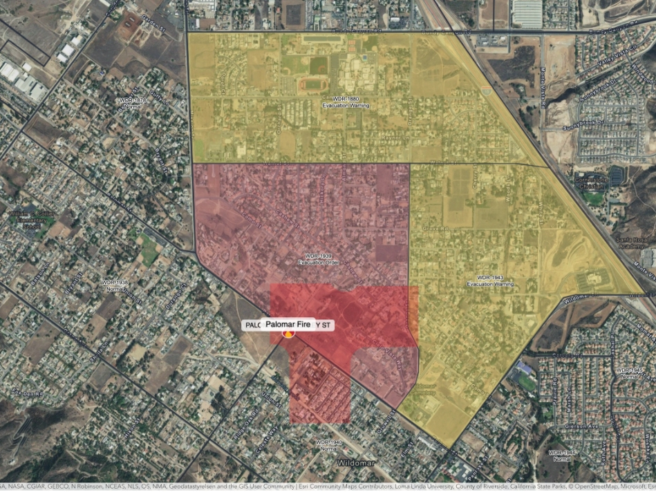 This map shows properties under mandatory evacuation from the Palomar Fire in red and under evacuation warning in yellow as of 2:50 p.m. Friday. 