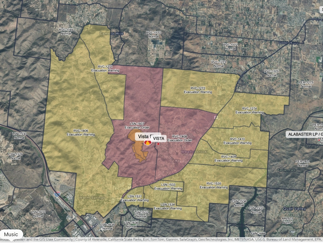 This map shows properties under mandatory evacuation from the Vista Fire in red and under evacuation warning in yellow as of 6:50 p.m. Friday.