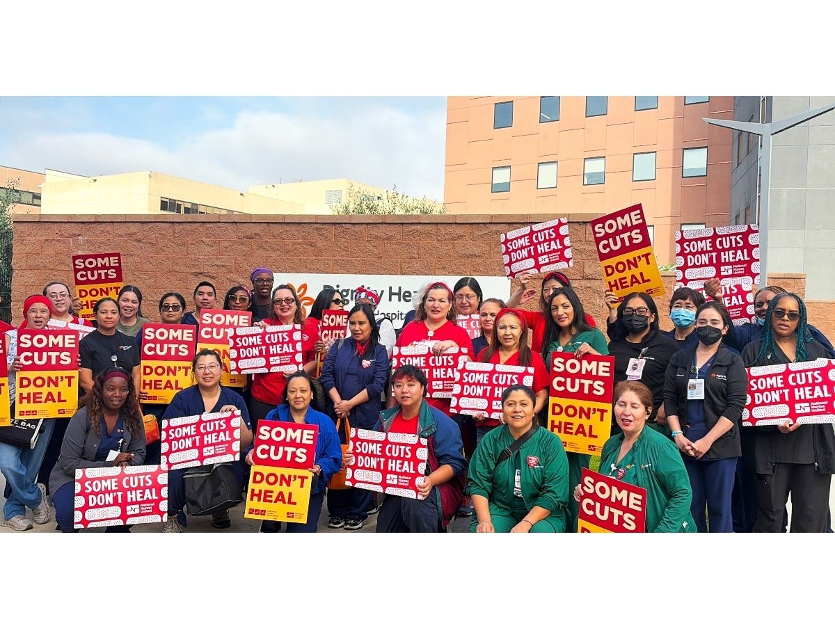 Nurses held a rally and press conference on Aug. 3, 2026 to protest owner and operator CommonSpirit's proposed layoffs at 17 hospitals in California.