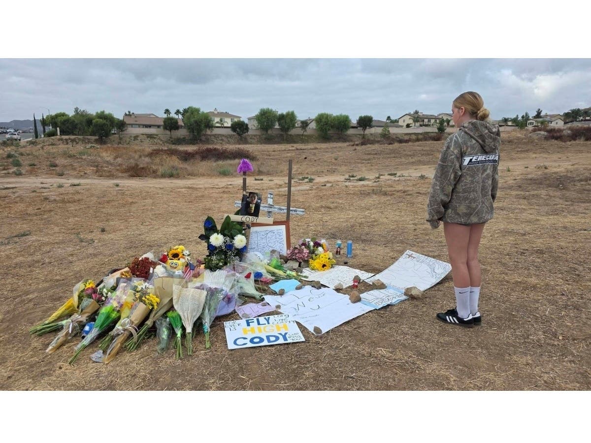 An impromptu memorial was set up for a 13-year-old boy who was fatally struck by a vehicle during a pursuit in Menifee, California on Tuesday, Sept. 15, 2026.