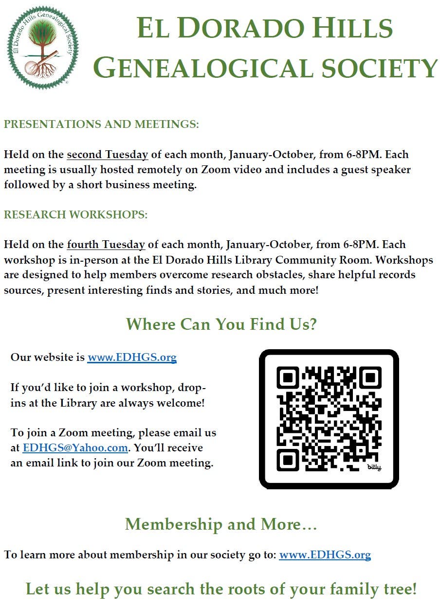 El Dorado Hills Genealogical Society (EDHGS) - Research Workshop