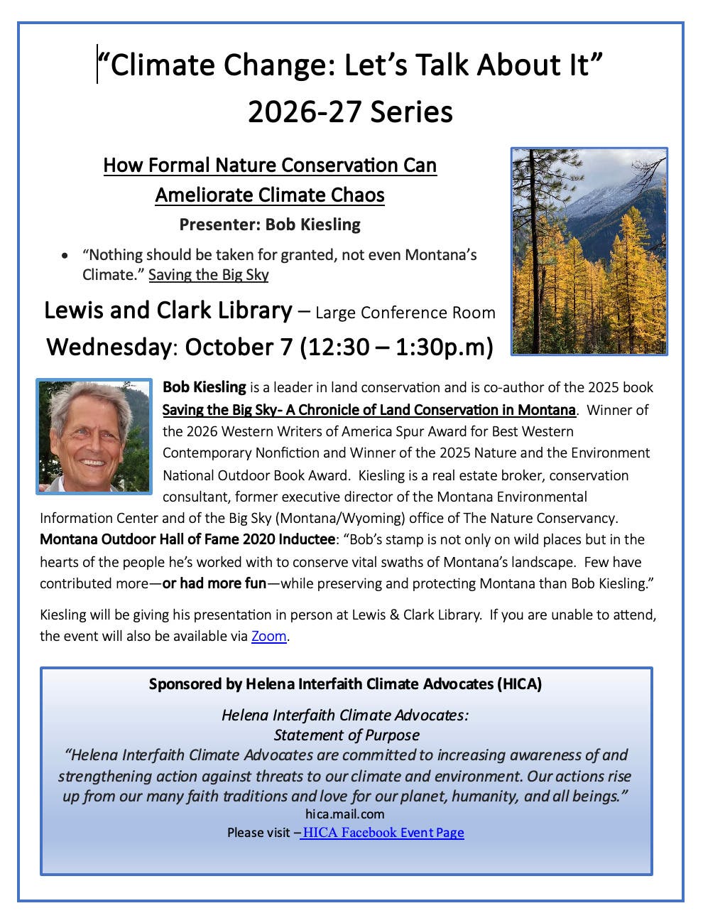 Climate Change: Let's Talk About it Series 2026-27 sponsored by Helena Interfaith Climate Advocates