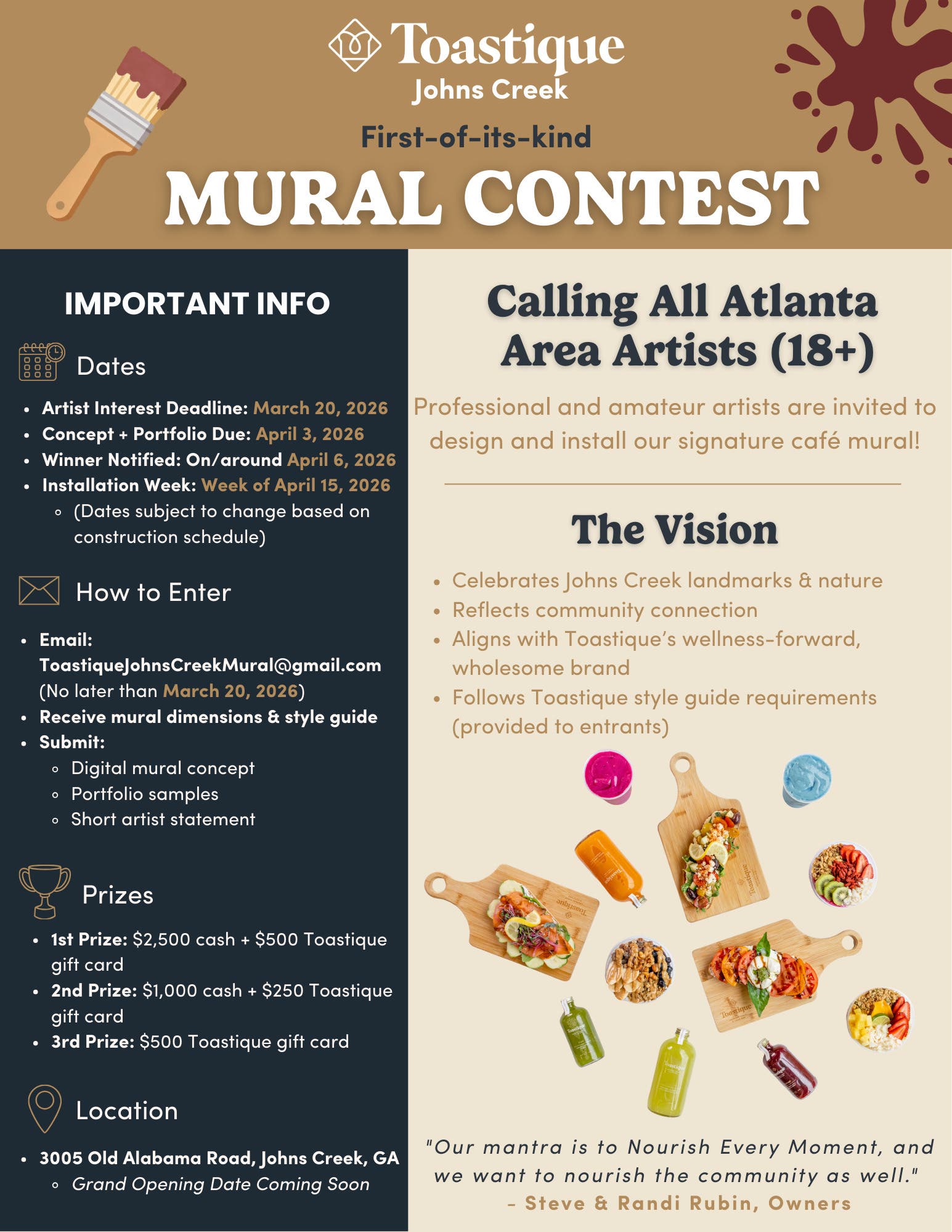Toastique Johns Creek Mural Design Contest Opportunity for Local Artists 18 and higher 