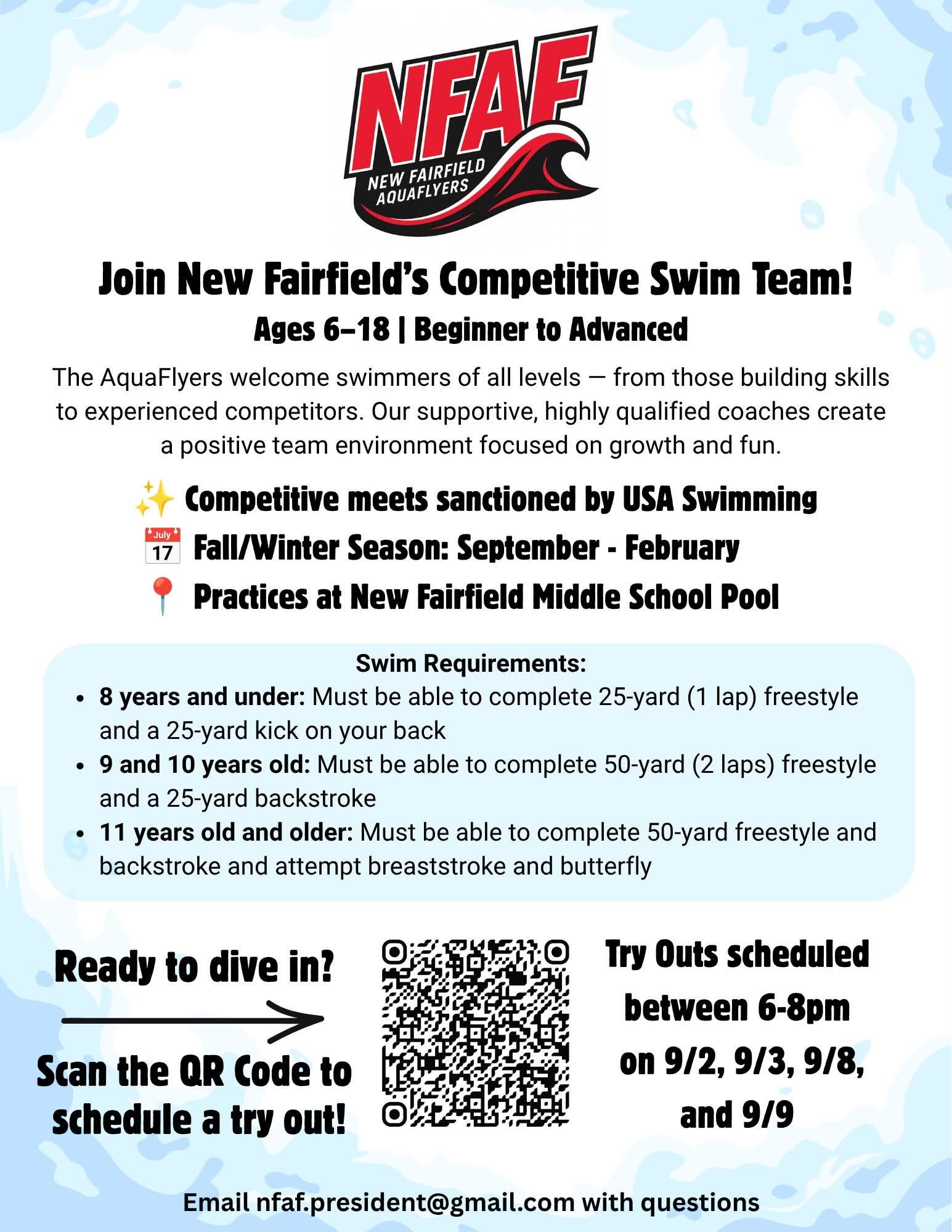 New Fairfield Aquaflyers Swim Team Try Outs