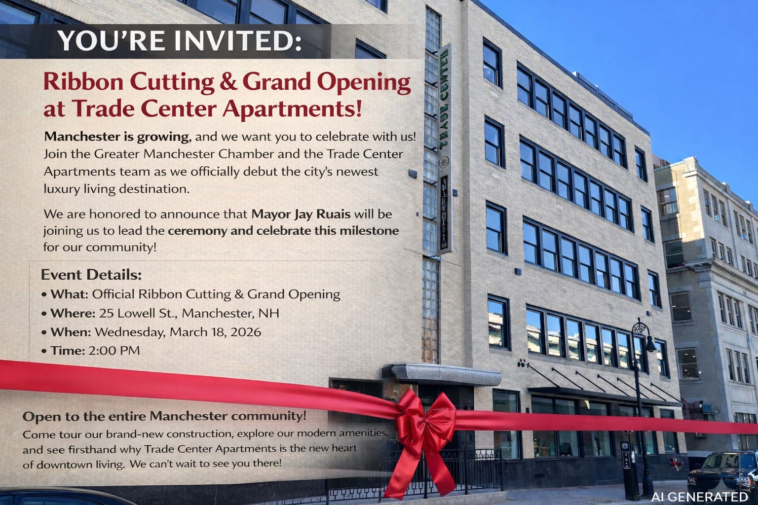 Community Event: Manchester Mayor to Lead Ribbon Cutting for New Downtown Manchester Apartments