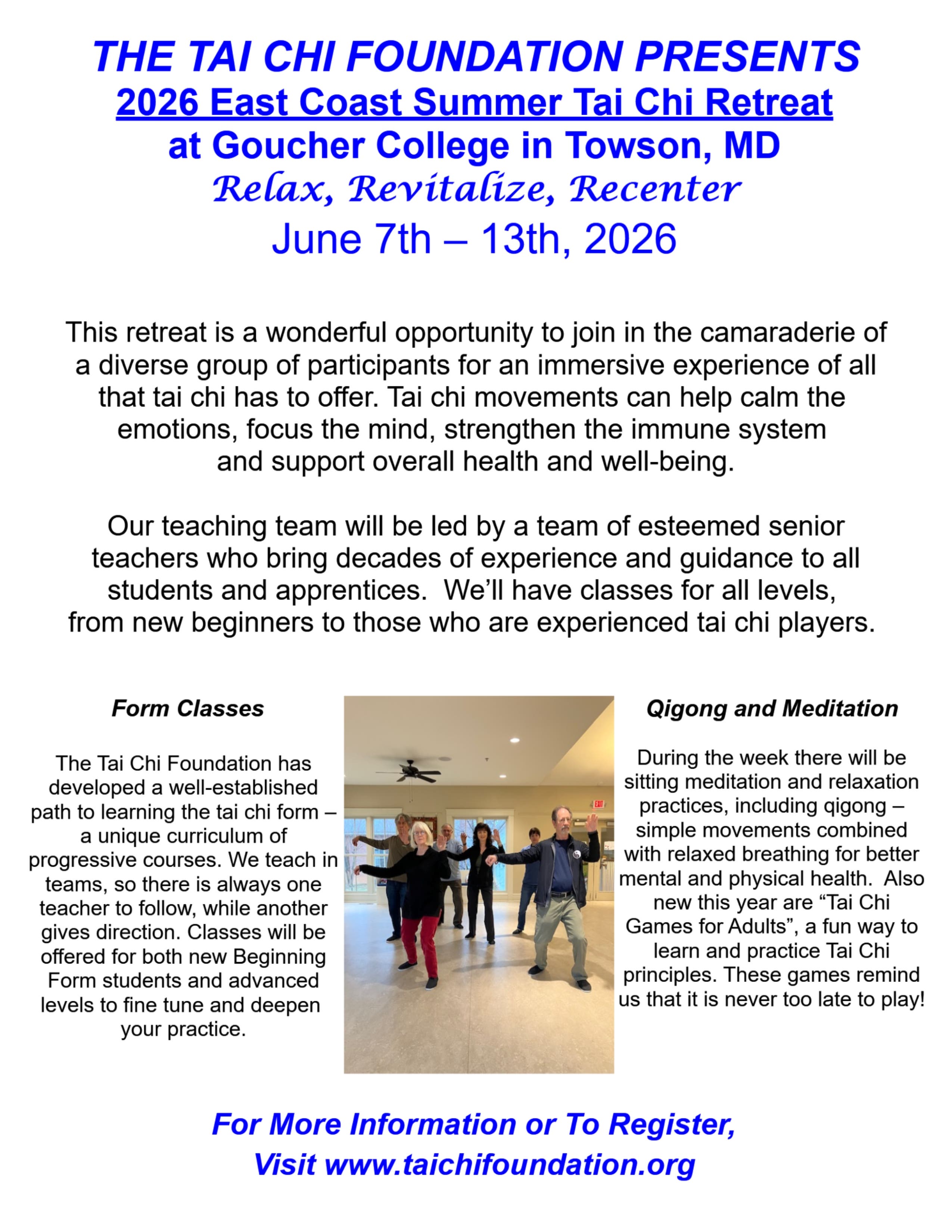 5 Day Tai Chi Retreat on Goucher College campus