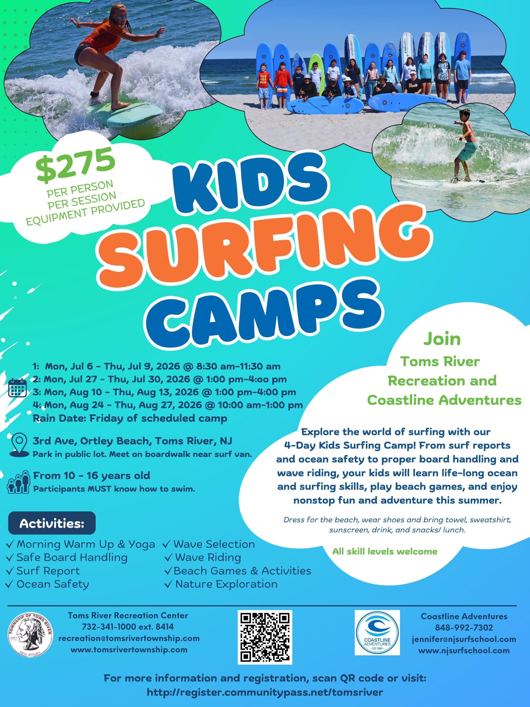 Kid's Surfing Camp by Coastline Adventures and Tomsriver Recreation Department