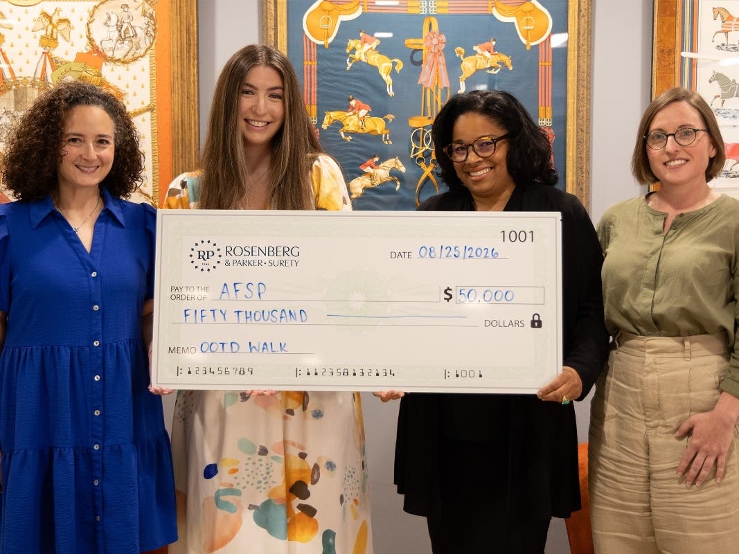 L-R: Andrea Ferrino, AFSP Community Walk Chair; Paris DiLorenzo, AFSP Area Director; Yvette Johnsson, Rosenberg & Parker Surety Licensing Compliance Administrator; Susan Metz, Rosenberg & Parker Surety Senior Surety Analyst