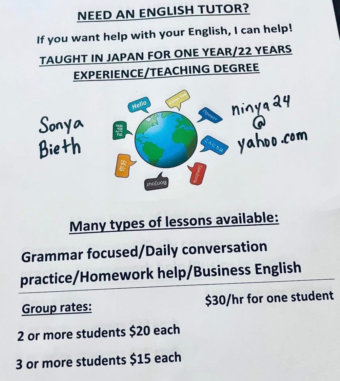 FREE trial ESL English Tutor, 23 years experience, lived in Japan