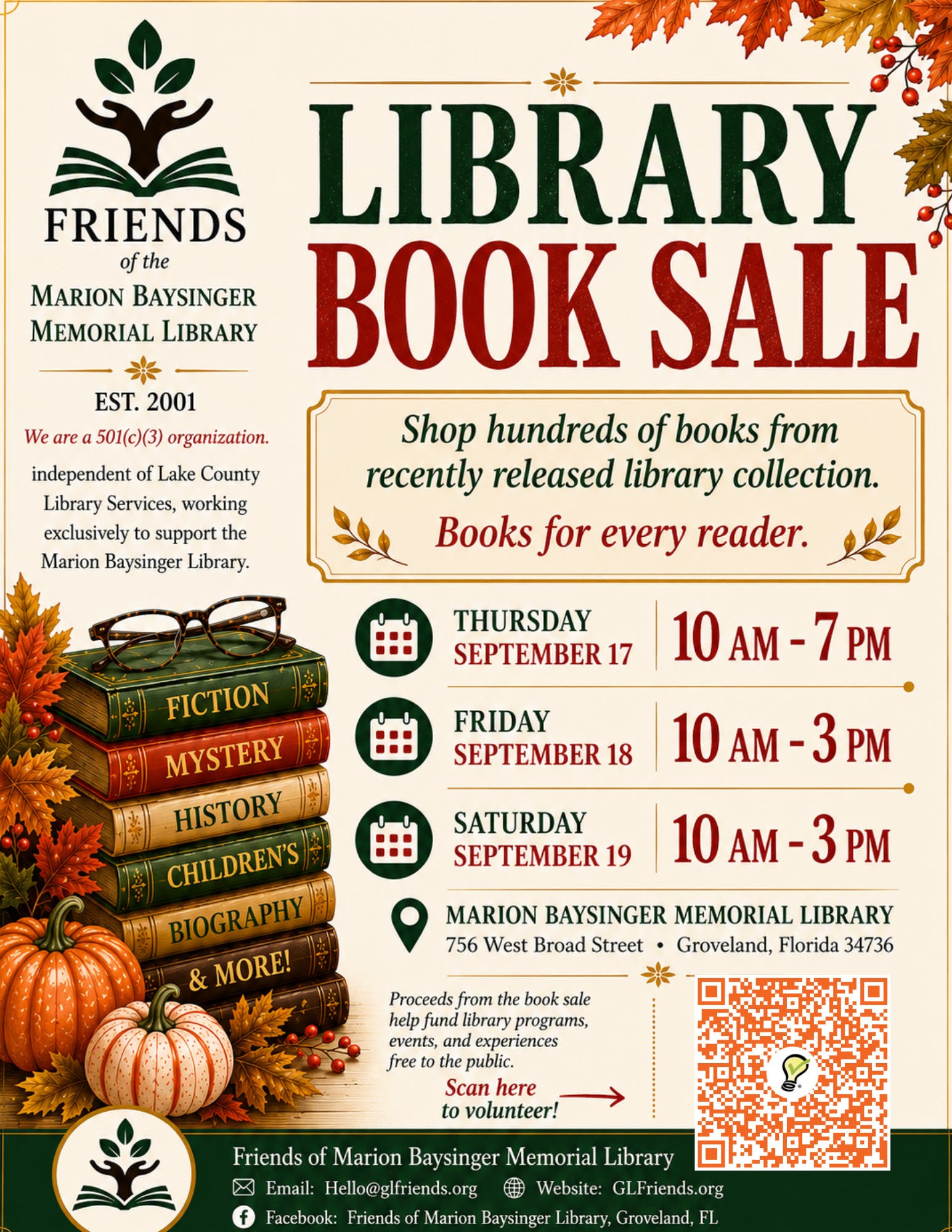 HUGE Library Book Sale Sept 17-19
