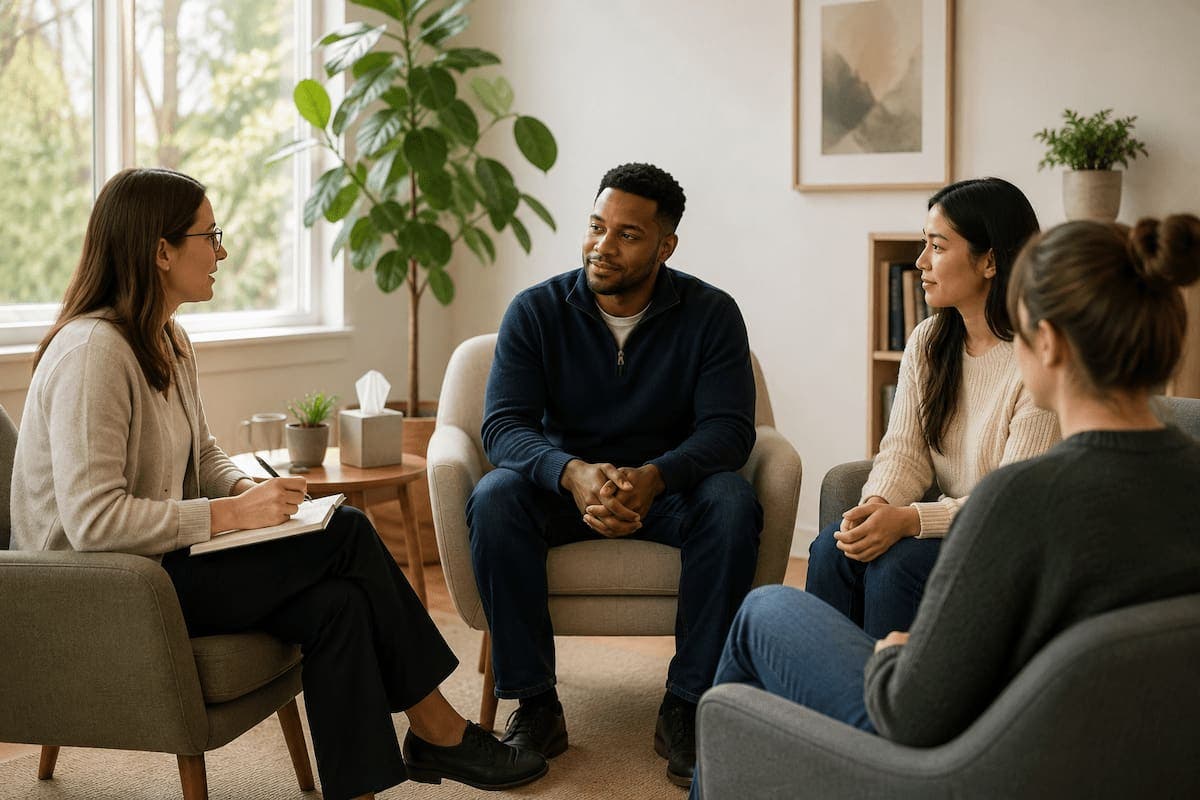 Adults participating in a therapist-led group session in a calm outpatient mental health setting.