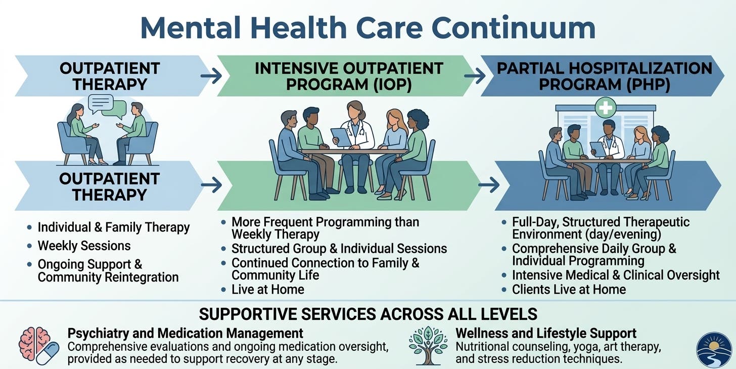 Wellness Hills outpatient mental health care continuum showing outpatient therapy, Intensive Outpatient Program, and Partial Hospitalization Program