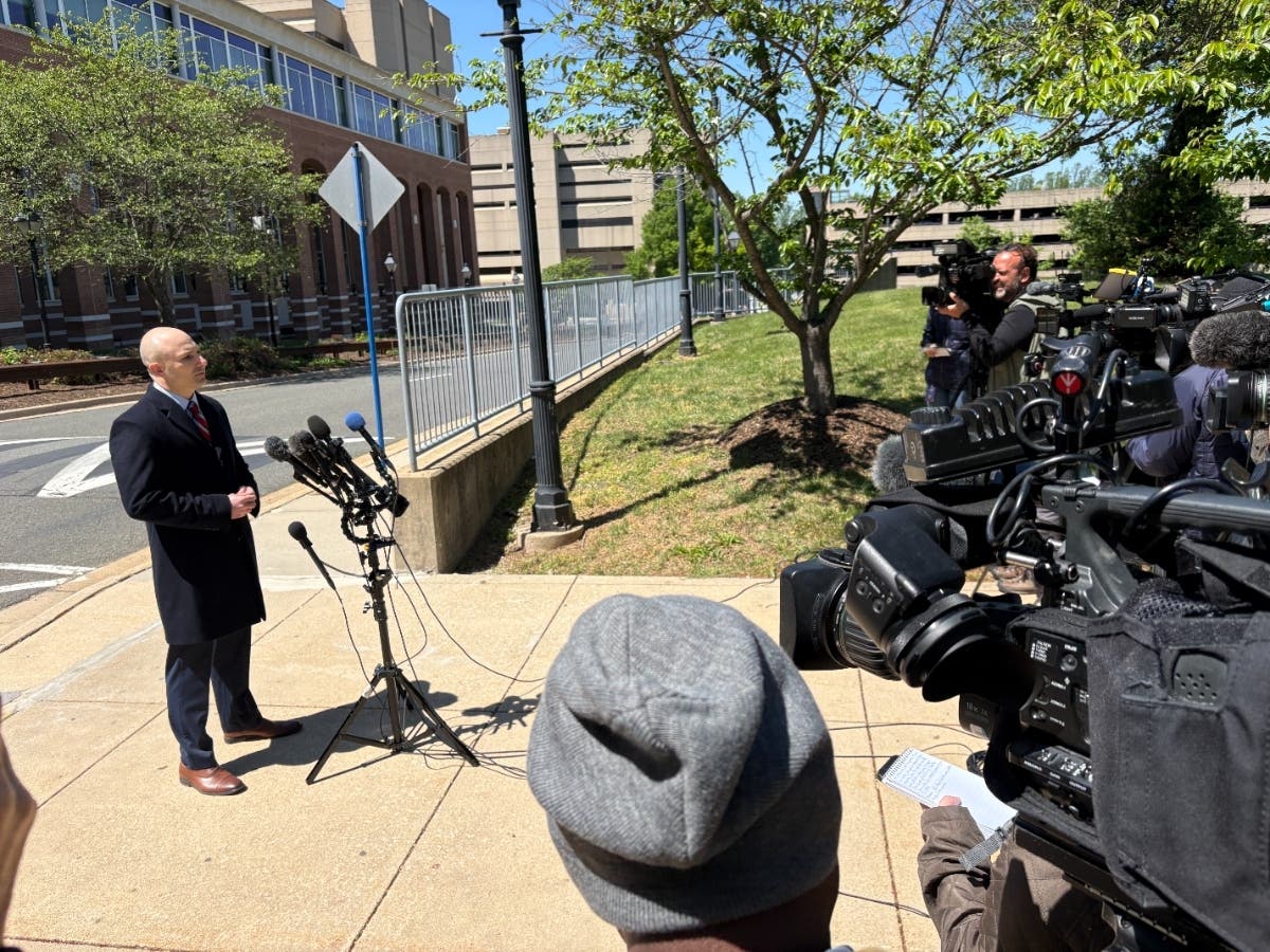 Steve Descano outside Fairfax Court House April 21 answering questions about the sentencing of Fairfax High School student Israel Flores Ortiz for groping and assaulting another student.
