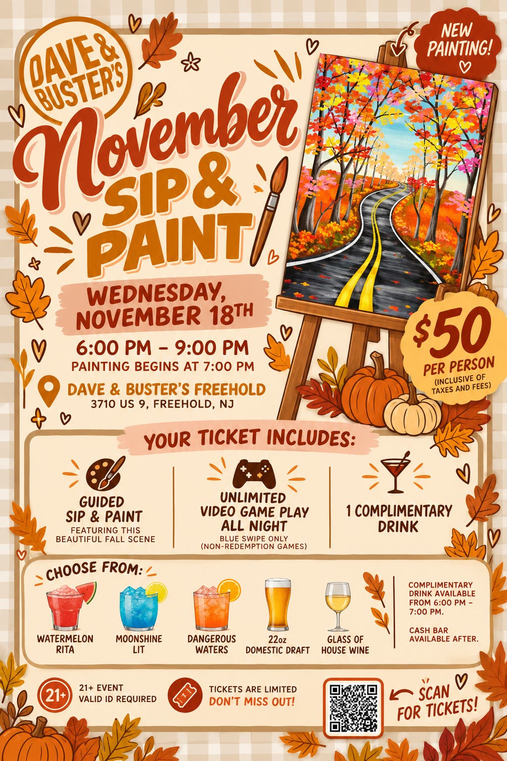 Fall Sip & Paint @ Dave & Buster's Freehold!