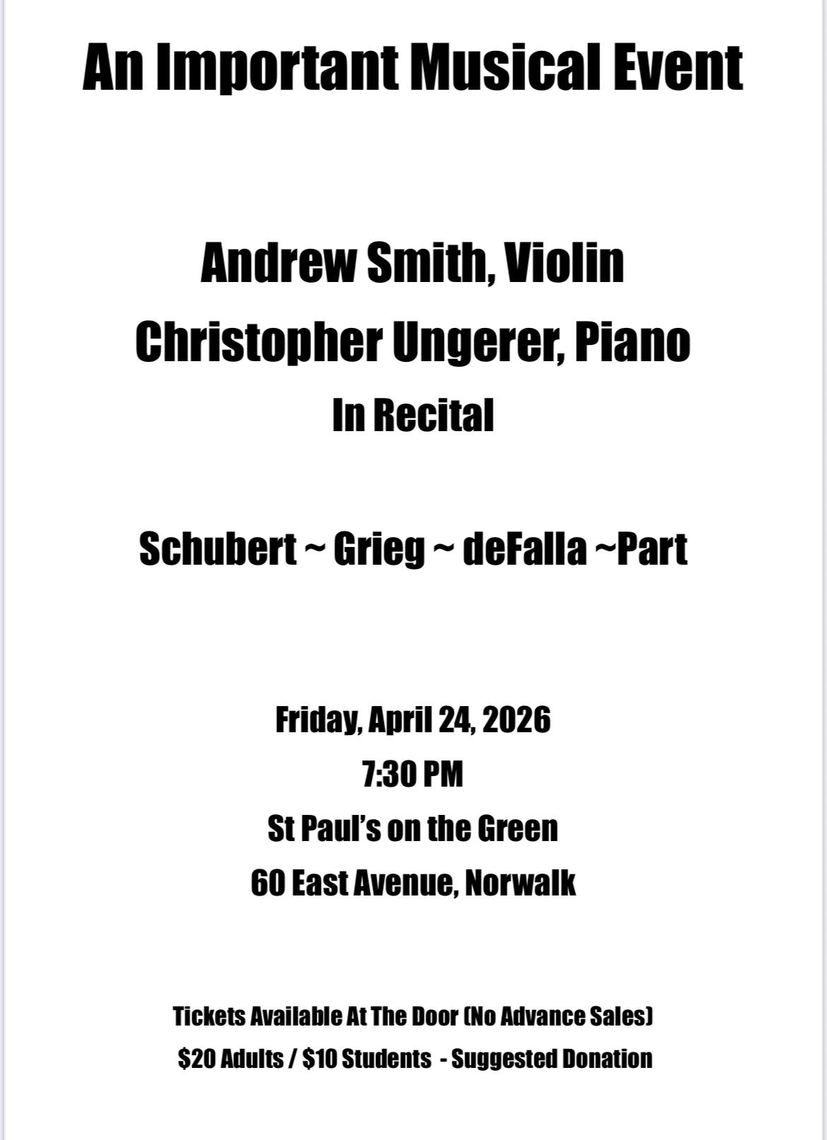Andrew Smith, Violin & Christopher Ungerer, Piano In Recital
